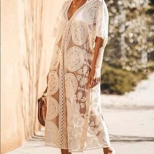 Boho Pearl White Mandala Crochet Lace Plunge Kaftan Kimono Maxi Dress Coverup